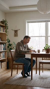 Man writing at a dining table beside a window filled with books and plants