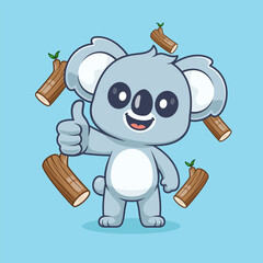 Fototapeta premium Cute Koala Thumbs Up With Branch Wood Tree Cartoon 