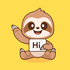 Fototapeta premium Cute Sloth Holding Hi Banner Cartoon