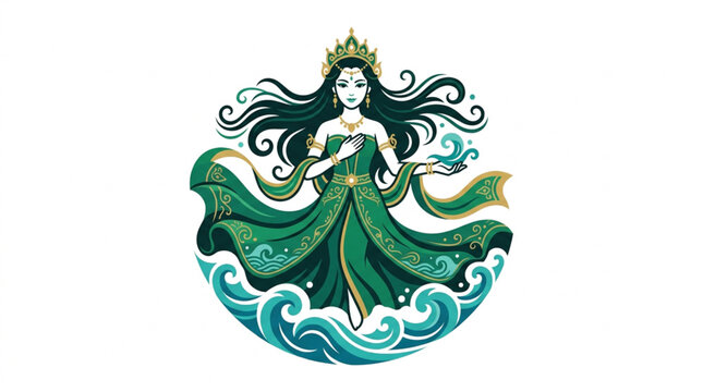 yi Roro Kidul Ghost Icon, Simple flat vector icon inspired by Nyi Roro Kidul, mystical Indonesian sea spirit wearing an elegant flowing green traditional dress, long dark hair