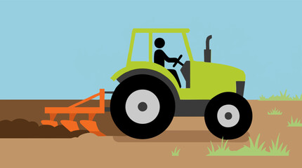 Fototapeta premium Tractor plowing a field with a farmer, flat design illustration