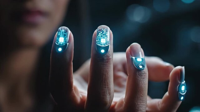 Closeup of futuristic finger implants with glowing blue circuit patterns, representing advanced technology interface.