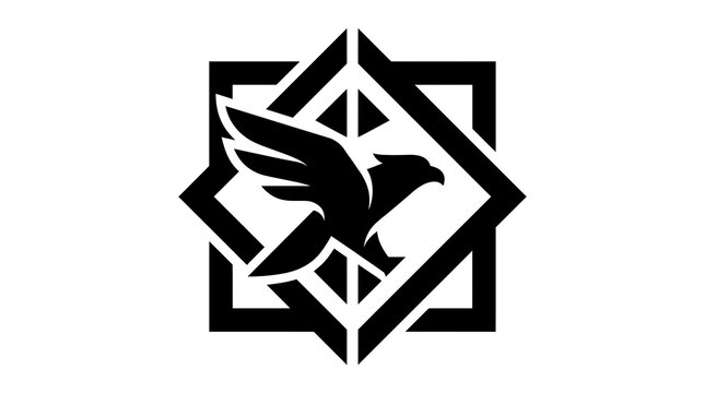 Minimalist eagle logo vector, geometric bird of prey icon, black and white heraldic griffin emblem for corporate branding