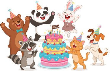 Naklejka premium A group of cute cartoon animals celebrating a birthday with a large tiered cake.