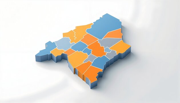 3D rendered map illustration of a segmented region with various districts colored in blue, orange, and grey, showcasing geographical data and administrative divisions on a clean white background.
