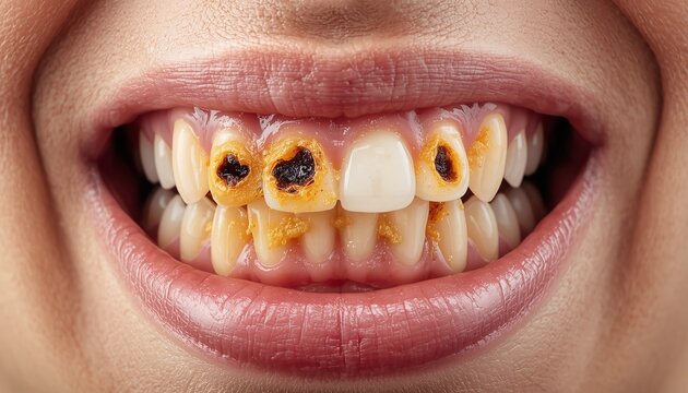 Close-up view of human mouth with severe dental caries, extensive plaque, and advanced decay on multiple teeth, clearly showing poor oral hygiene, gum inflammation, and visible tooth damage.