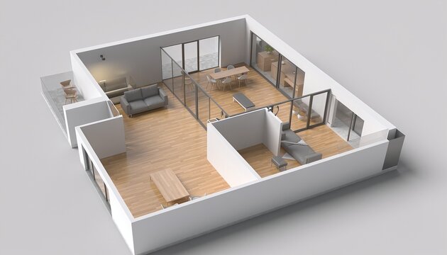 Modern apartment floor plan design, a detailed 3D rendering of a contemporary living space. Features an open-concept layout, light wood flooring, glass partitions, minimalist furniture