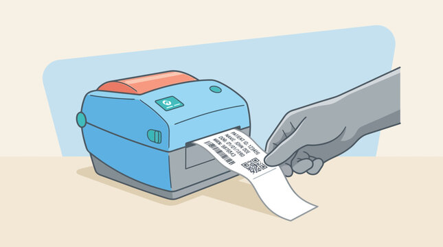 Hand holding printed barcode label from thermal printer