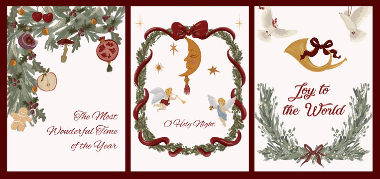 Vintage Christmas Greeting Card Set with Angels Doves and Botanical Decorations