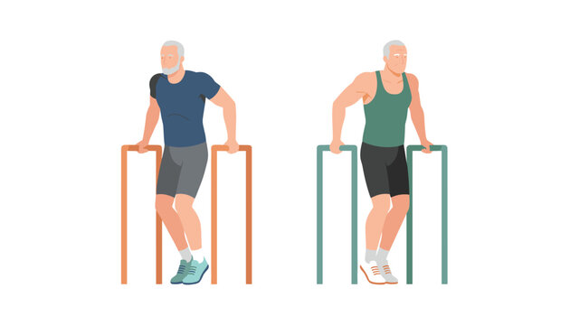 Two active senior men performing parallel bar dips exercises in outdoor gym as part of fitness training.