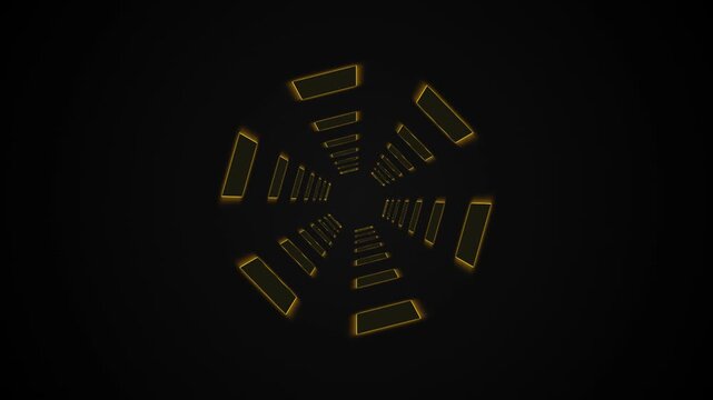 Abstract geometric tunnel with glowing yellow rectangles on black background