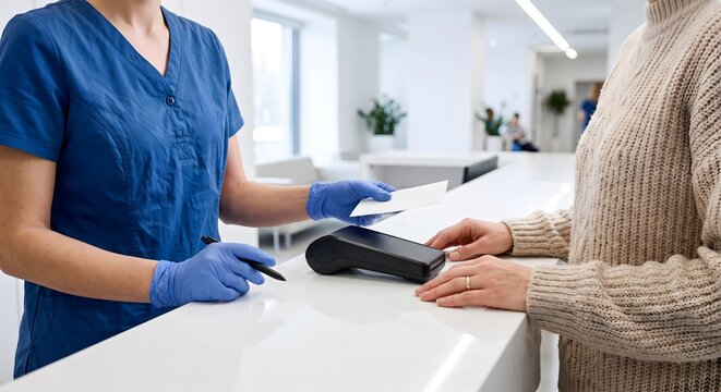 Nurse hands patient prescription at medical reception desk with credit card reader for payment and paperwork.