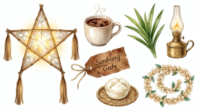 Watercolor Simbang Gabi set with glowing bamboo parol star lantern, hot chocolate mug, oil lamp, palm fronds, sampaguita flower wreath, rice cake on mat, and "Simbang Gabi" wooden tag. Isolated elemen