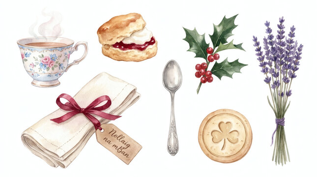 Watercolor Nollaig na mBan set featuring floral teacup with steam, scone with cream and jam, holly branch with berries, lavender bunch, silver spoon, shamrock cookie, and "Nollaig na mBan" napkin tag 