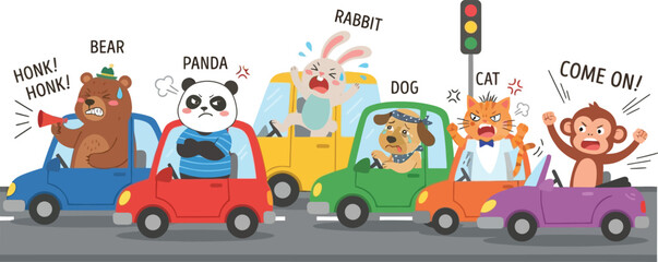 Naklejka premium A group of cartoon animals driving colorful cars in a traffic jam.