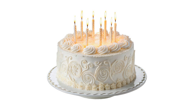 Sweet festive birthday cake topped with many lit burning candles isolated on transparent background