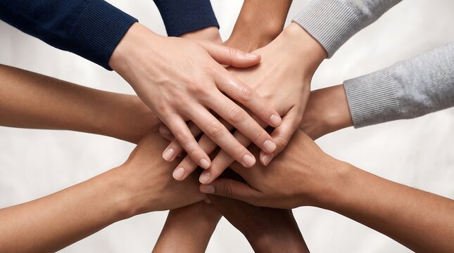 Diverse group of business colleagues stacking hands together in center to symbolize team unity and professional partnership and collaborative success in bright modern office environment