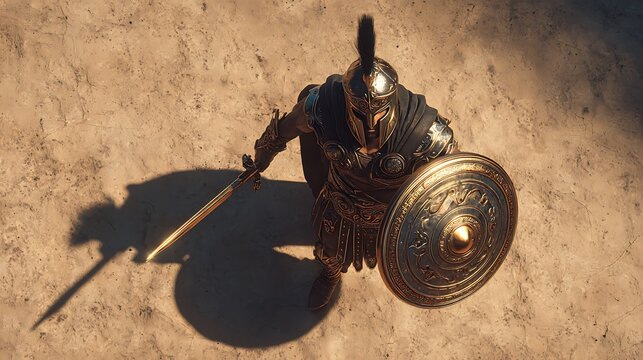 Ancient Warrior With Spear And Shield In Desert Landscape &ndash; Epic Historical Concept For Game And Fantasy Art