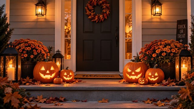 Elegant Halloween entrance lined with jack o lanterns and warm outdoor lights