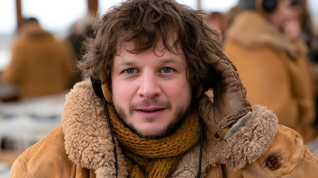 Young man with curly hair wearing a warm brown suede jacket and knitted scarf looking towards camera winter fashion outdoor portrait winter coat cold weather winter season warm clothing