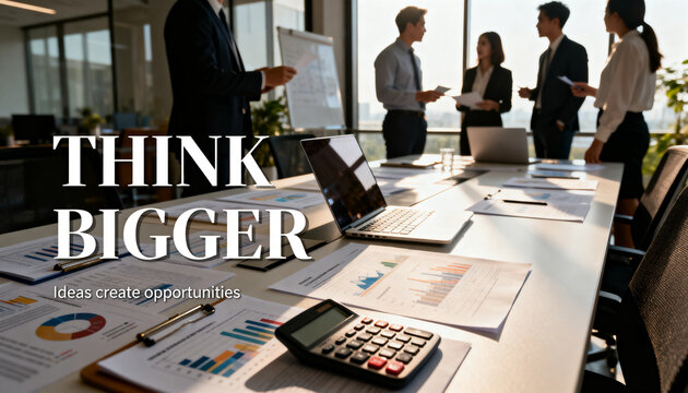 Modern corporate strategy scene with professionals discussing financial plans around a conference table covered in documents, laptop and charts, warm daylight and bold &ldquo;THINK BIGGER&rdquo; typography.
