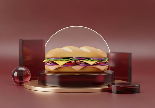 Giant cheeseburger under glass display in restaurant