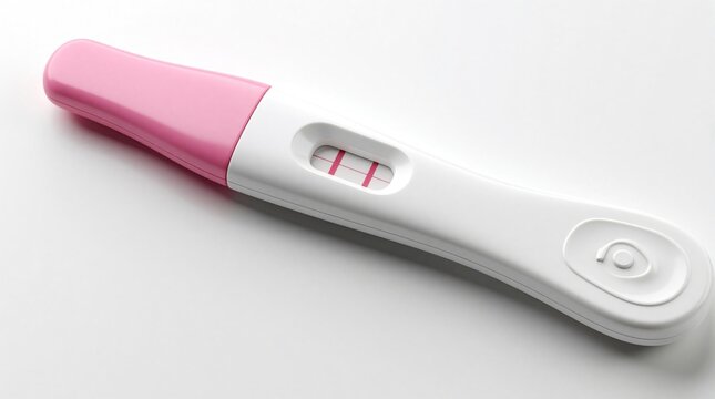 Pregnancy test stick shows two pink lines on white background. Result indicates expectant mother ready for new life. Future parent awaits baby arrival.