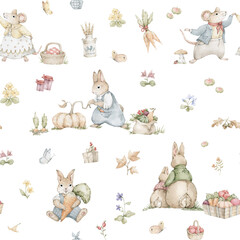 Seamless pattern with cute rabbits on autumn theme. Harvest, carrots, pumpkins, cute dancing mouses, baskets © Kate K.