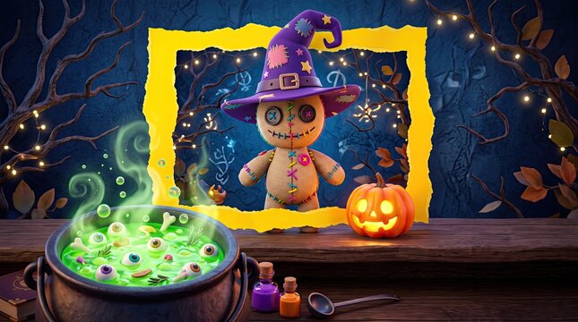 Halloween voodoo doll in a witch hat standing behind a wooden table with a bubbling green potion cauldron and a glowing jackolantern