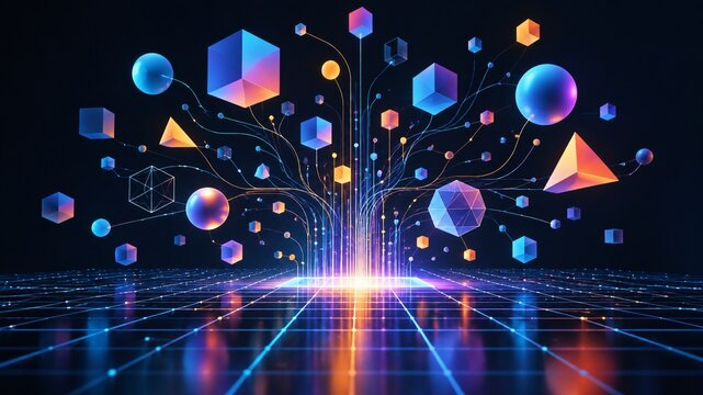 Creative coding concept with colorful algorithmic lines and nodes
