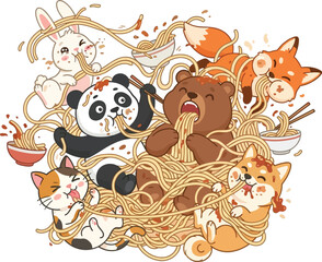 Obraz premium Cute cartoon animals eating noodles together in a messy and playful illustration.