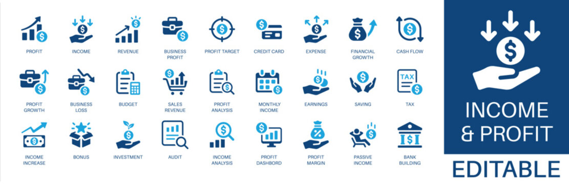Income and profit solid icon set. Featuring investment, cash flow, revenue, financial growth, and tax. Editable vector glyphs for accounting and corporate finance.