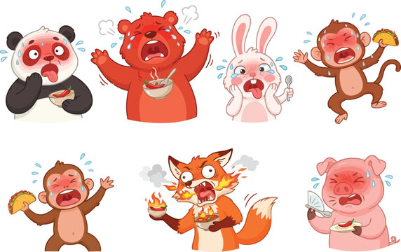 Set of cute cartoon animals reacting to spicy food with funny expressions.