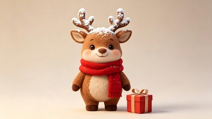 Naklejka premium Cute 3D Reindeer Character Standing with Christmas Gift Box wearing Red Scarf