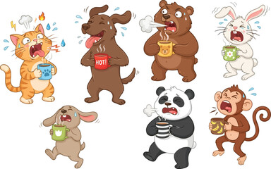 Naklejka premium A collection of cartoon animals reacting to hot beverages with funny expressions.