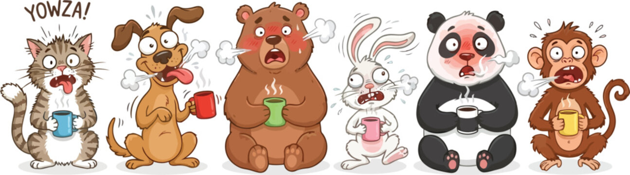 A collection of cute cartoon animals reacting to hot drinks with funny expressions.