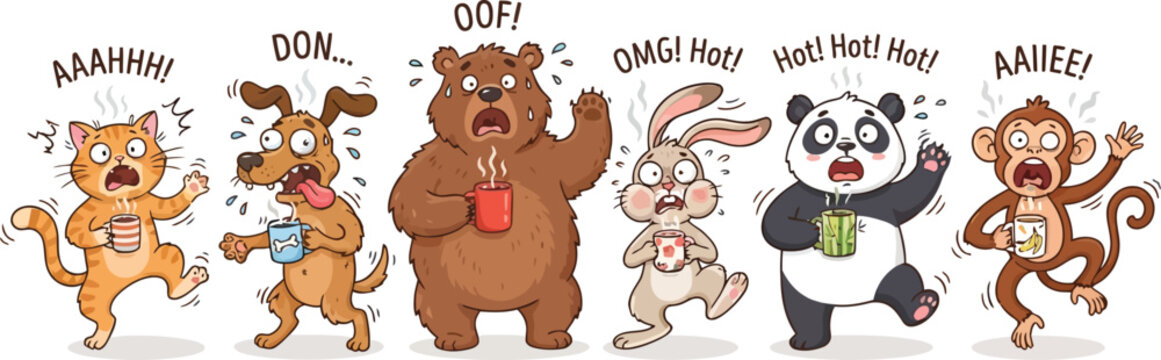 A collection of cartoon animals reacting to drinking hot beverages with funny expressions.