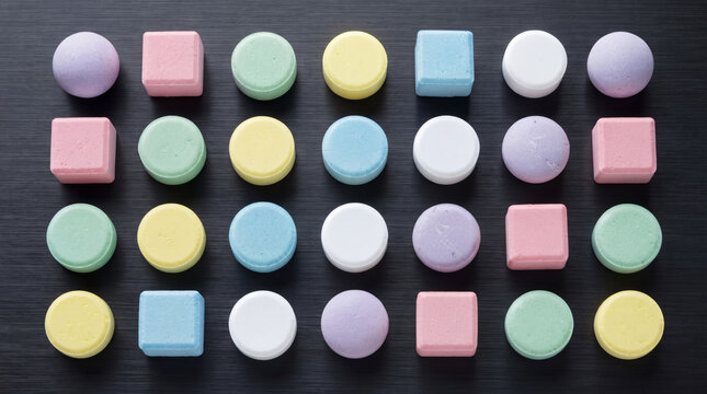 Symmetrical top view grid layout of pastel colorful round and square camphor tablets and mothballs arranged on dark brushed metal surface