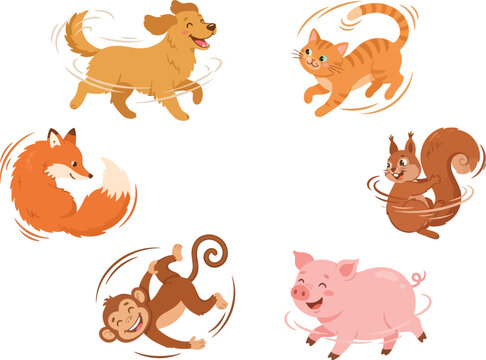 A collection of cute cartoon animals including a dog cat fox squirrel monkey and pig.