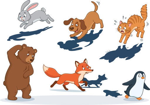 A collection of cartoon animals including a rabbit dog cat bear fox and penguin with their shadows.