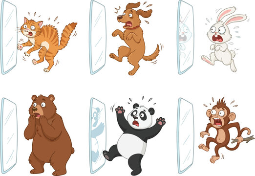 A collection of six cartoon animals reacting with shock and fear to mirrors.