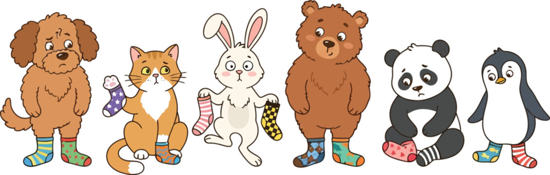 A collection of cute cartoon animals wearing colorful patterned socks standing in a row.