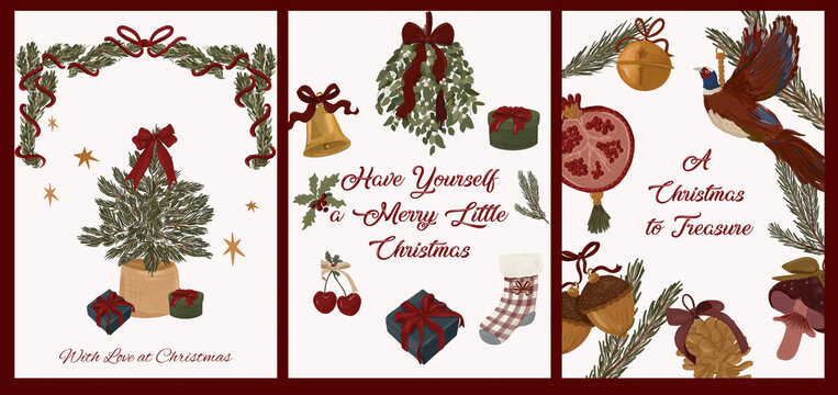Traditional Christmas Greeting Card Set with Tree Mistletoe and Pheasant