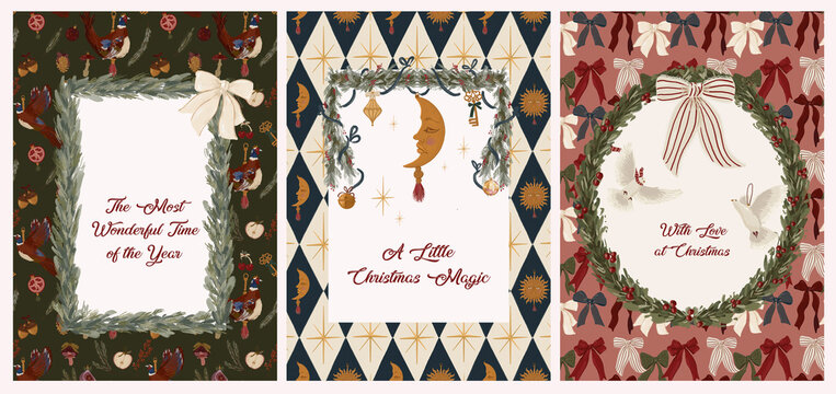 Vintage Christmas Card Set with Pheasants Celestial Moon and Doves