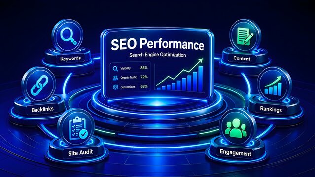 Futuristic 3D dashboard displaying SEO performance metrics with glowing icons for keywords, content, backlinks, and site audit for digital marketing strategy.