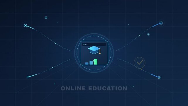 Digital illustration of online education concept featuring a graduation cap icon on a browser window with network connection lines