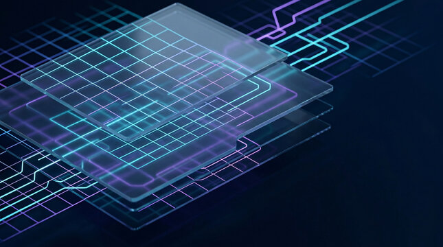 Futuristic Dark Mode Background with Frosted Glass Layers and Glowing Neon Grid