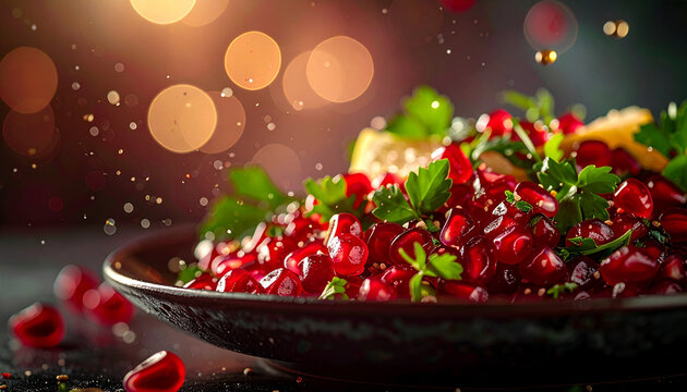 Pomegranate seed salad garnish with glossy texture macro fine dining photography