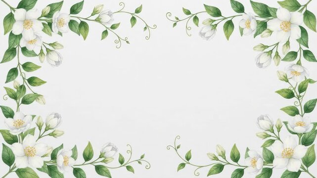 Elegant jasmine flowers and green leaves create a beautiful decorative border frame on a white background, perfect for invitations and greetings.
