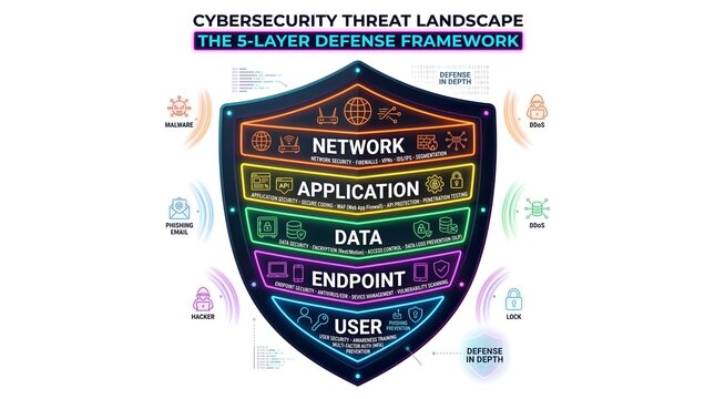 Cybersecurity threat landscape infographic, 5-layer defense framework shield, network and data protection strategy diagram